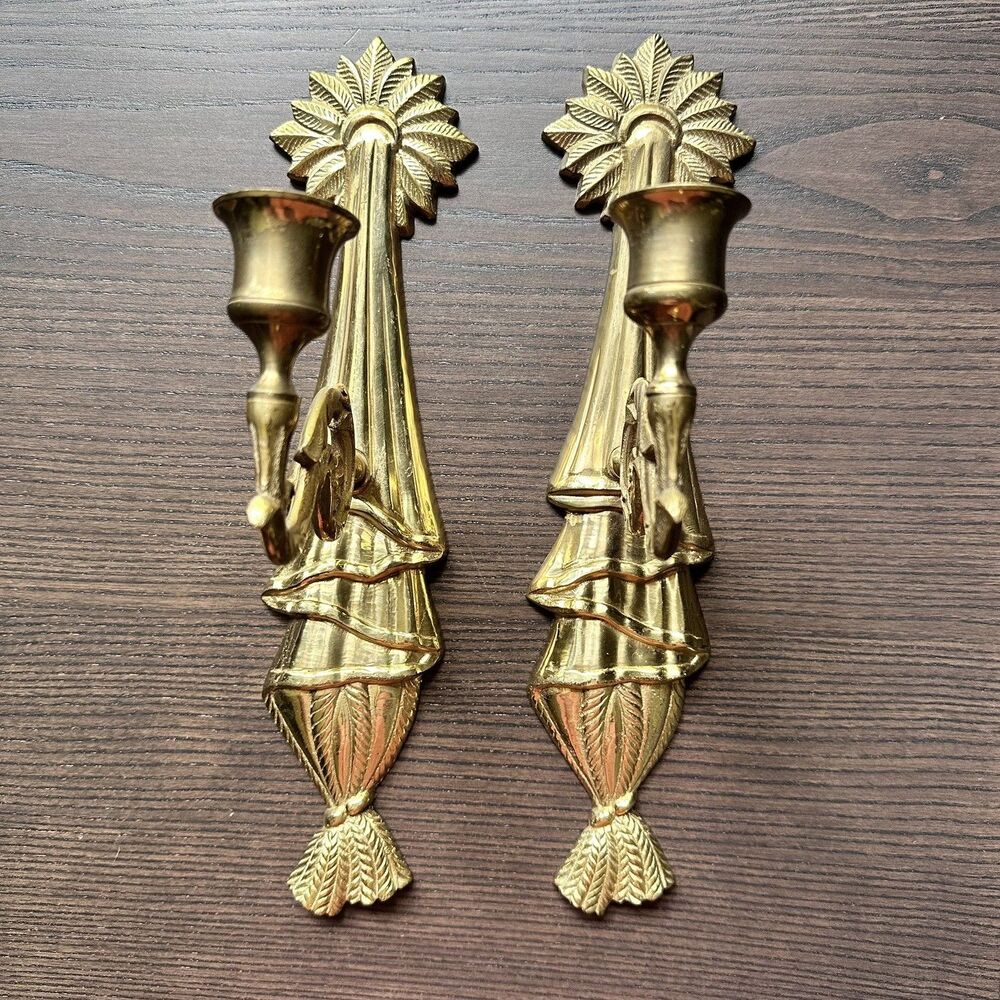 Vintage-2 x Brass Wall Sconces 12” Candle Ornate Holders Swivel Arm Made India